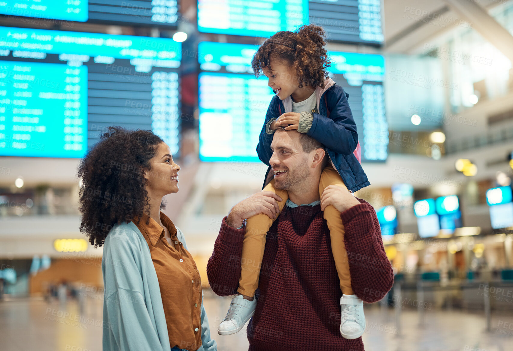 Buy stock photo Family, airport and travel with a girl child sitting on the shoulders of her father in a terminal for a holiday flight. Immigration, kids or diversity with a mother, dad and daughter traveling aborad