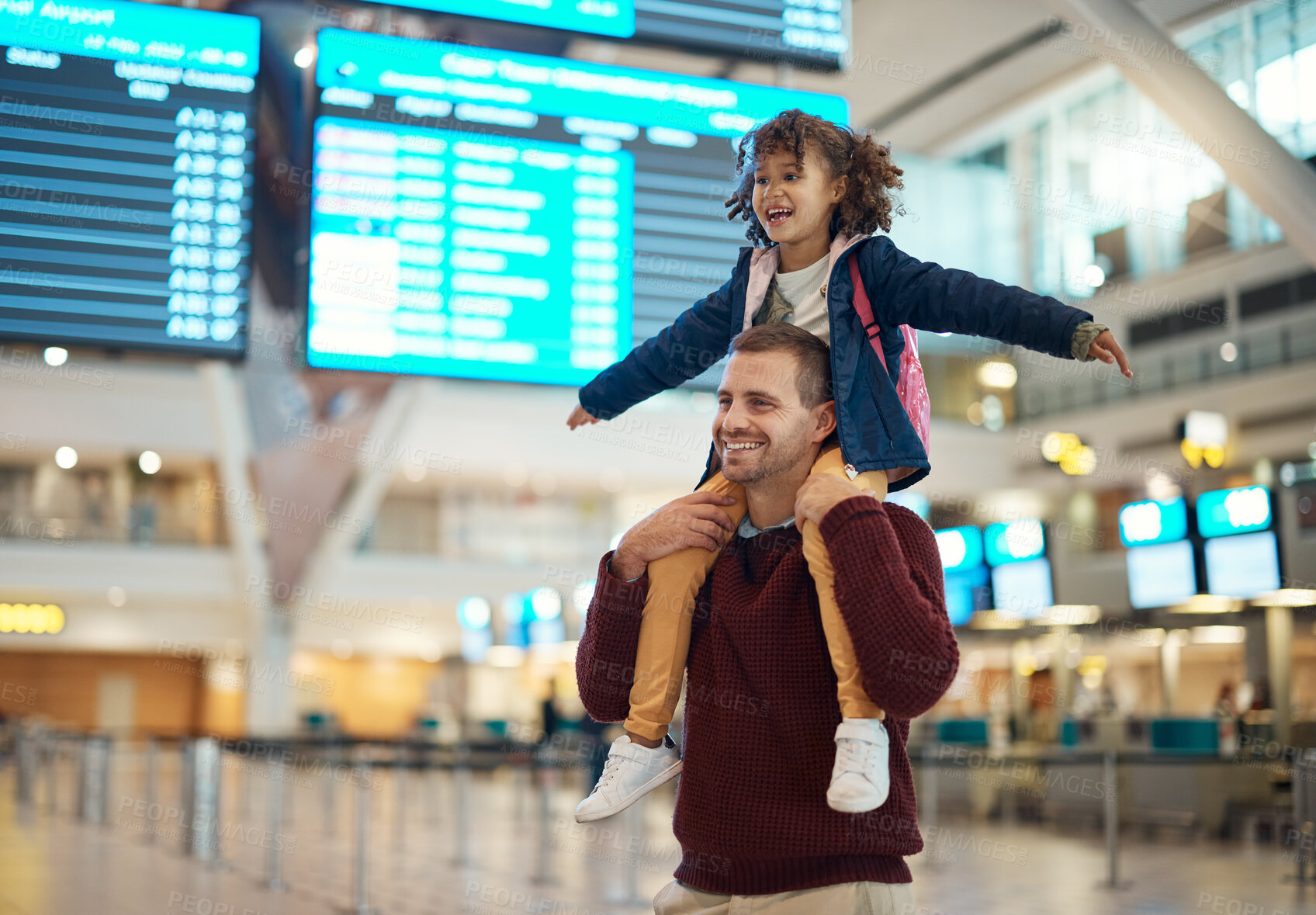 Buy stock photo Happy, shoulders and father and daughter in airport for travel, vacation and global journey, Smile, airplane and relax with man carrying adopted child for holiday, flight and departure schedule