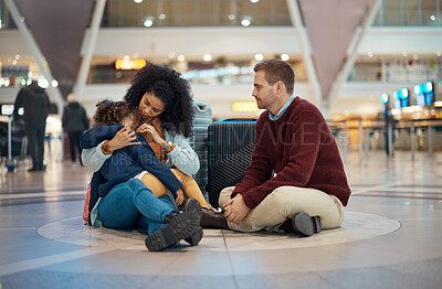 Buy stock photo Family at an airport, father with mother hugging girl child and immigration farewell together. Travel with parents, mom with sleeping kid in reunion or greeting dad goodbye at international terminal