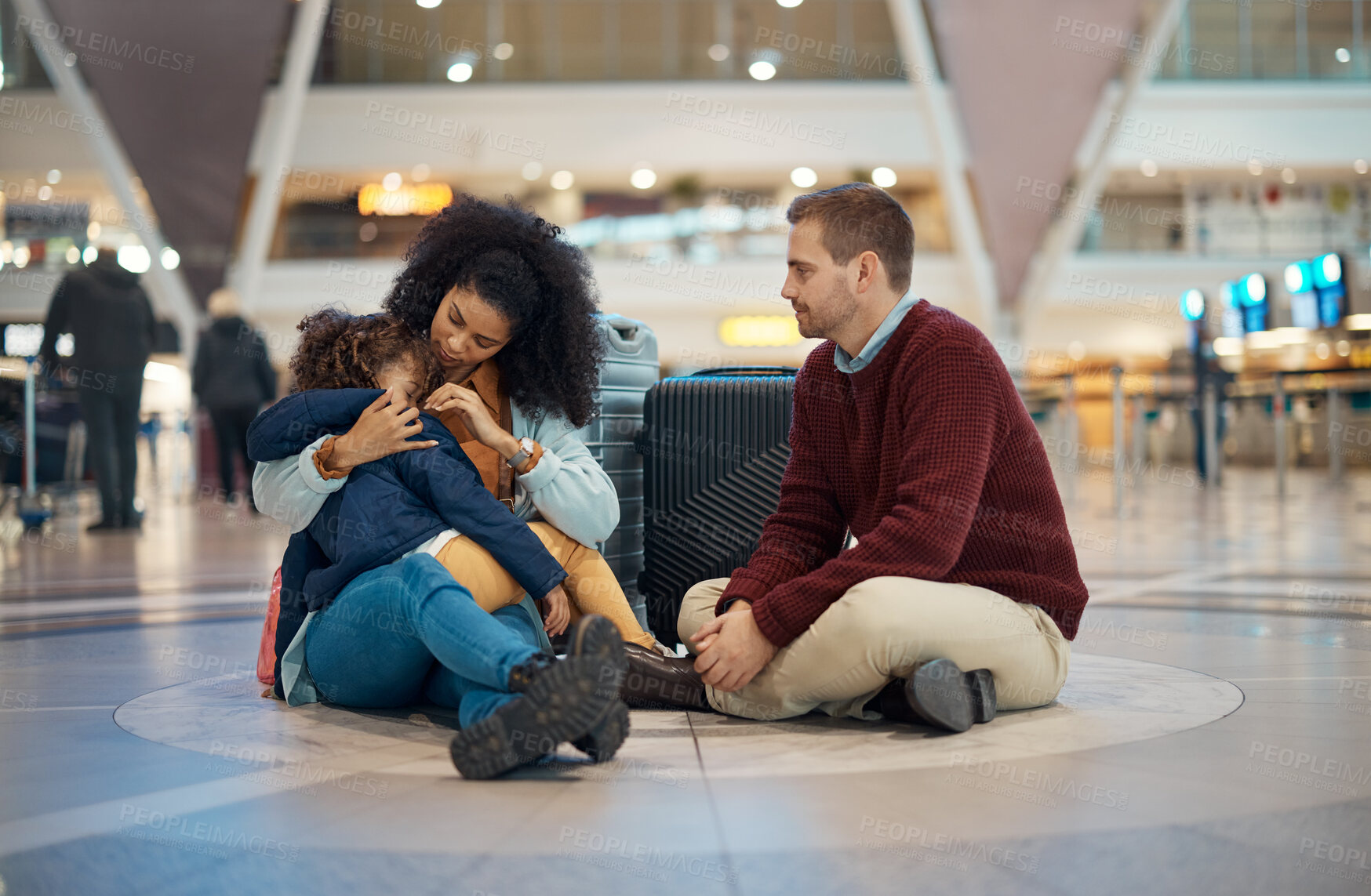 Buy stock photo Family at an airport, father with mother hugging girl child and immigration farewell together. Travel with parents, mom with sleeping kid in reunion or greeting dad goodbye at international terminal