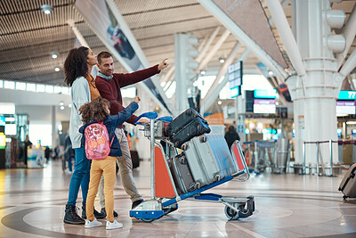 Buy stock photo Family at airport, travel and vacation with luggage, mother and father with child, ready for flight and adventure. Terminal, journey and holiday with black woman, man and kid with suitcase on trolley