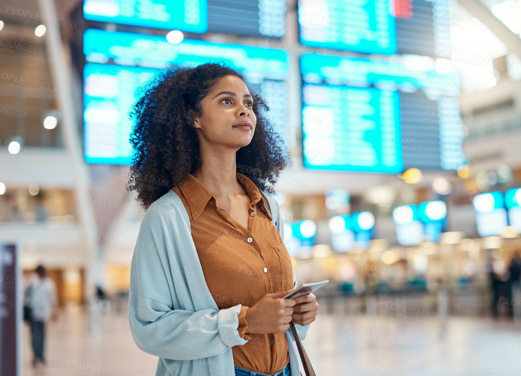 Buy stock photo Passport, airport and black woman thinking of international journey, travel information and schedule search in lobby. Young person with identity document at terminal for flight booking or immigration