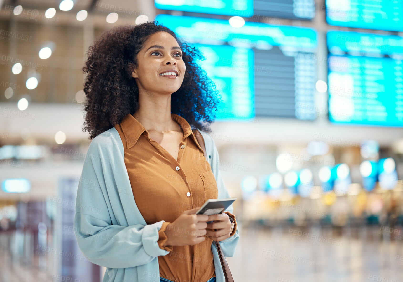 Buy stock photo Black woman at airport, travel and passport for holiday, ready with smile, plane ticket and boarding pass. Freedom, immigration and female, flight with transport and vacation mindset at terminal