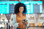 Black woman at airport, travel and passport with cellphone, excited for holiday and plane ticket with communication. Freedom, chat or scroll social media, flight with transportation and vacation