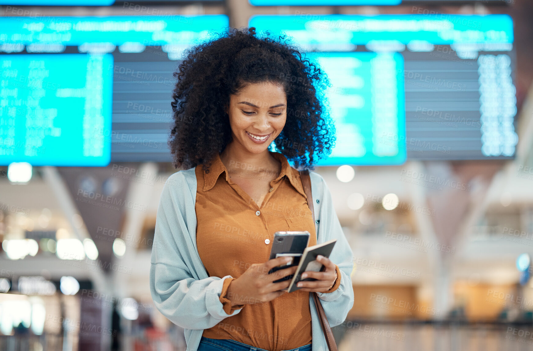 Buy stock photo Black woman at airport, travel and passport with cellphone, excited for holiday and plane ticket with communication. Freedom, chat or scroll social media, flight with transportation and vacation