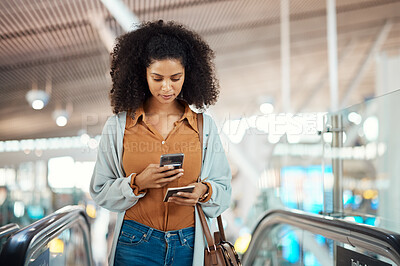 Buy stock photo Travel, phone and scrolling with black woman in airport for social media, relax and networking. Flight, departure and holiday with girl passenger on escalator for communication, vacation and contact