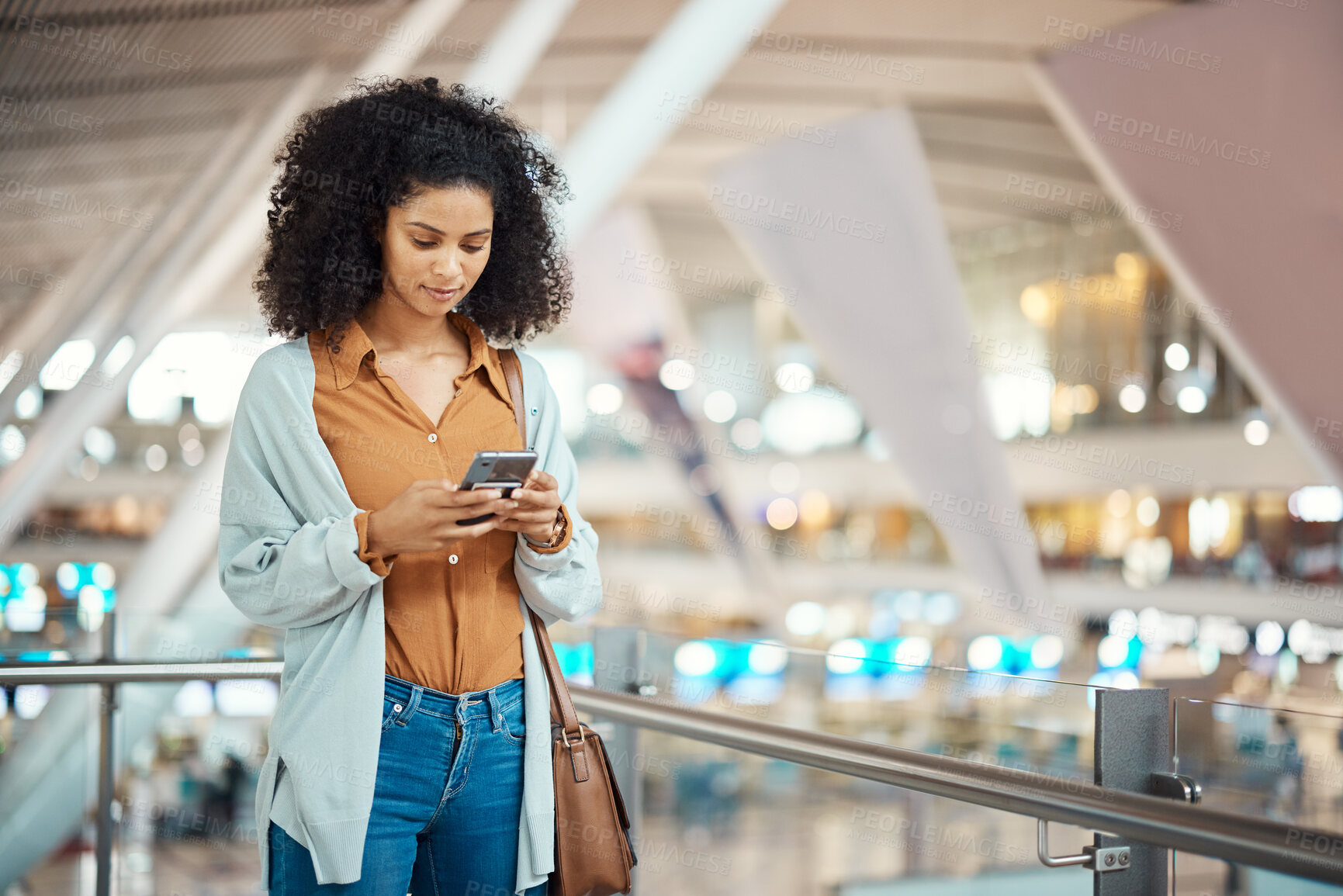 Buy stock photo Travel, phone and search with black woman in airport for social media, relax and networking. Flight, departure and holiday with girl passenger browsing online for communication, vacation and contact