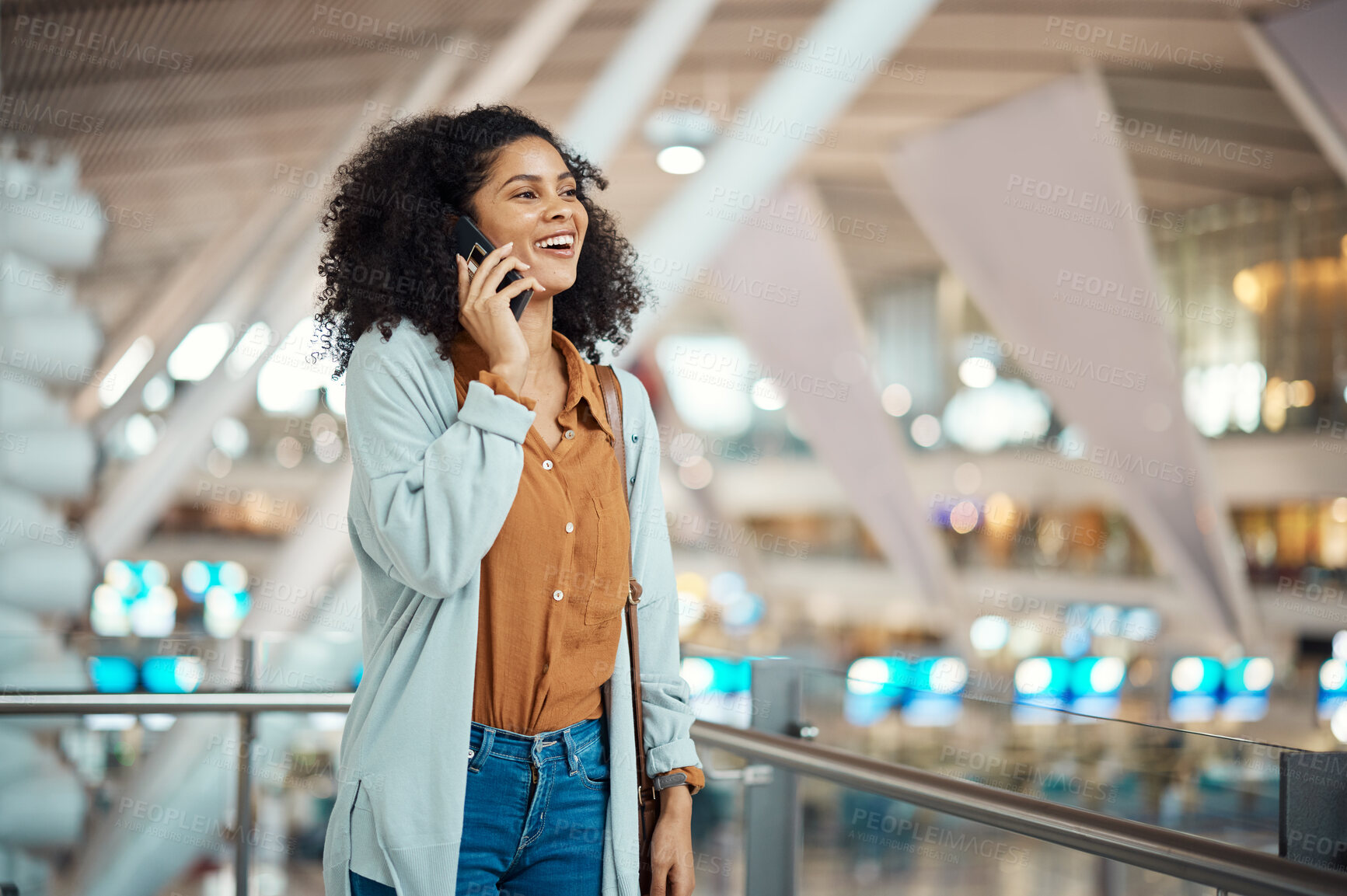 Buy stock photo Phone call, travel and black woman with smile in airport, talking and excited for international journey. Global transport, communication and girl on smartphone for chat, happy and waiting for flight