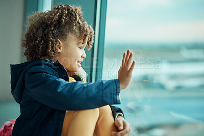 Buy stock photo Girl child, wave and airport window for greeting, goodbye and smile for airplane, international transport and travel. Kid, happy and hand gesture by glass for global immigration, young and African