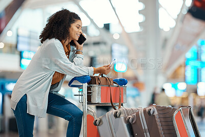 Buy stock photo Phone call, travel and black woman with ticket in airport for vacation, holiday and luggage for journey. Plane transport, communication and girl on smartphone for schedule, talking and flight details