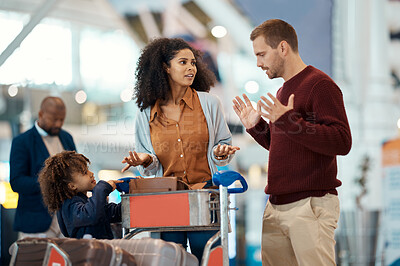 Buy stock photo Conflict, travel and interracial family with a problem at airport, flight delay and trouble. Fight, conversation and black woman and man speaking about missing document or late check in with a child