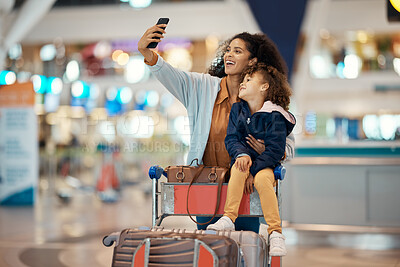 Buy stock photo Travel, selfie and smile with mother and daughter in airport for social media, holiday and global journey. Smile, luggage and phone with mom and child picture for vacation, departure and technology