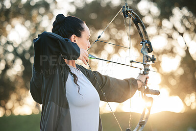 Person, bow or arrows aim in sports field, shooting range or gaming ground for hunting, hobby or performance exercise. Archery, woman or athlete and weapon in target training, competition or practice