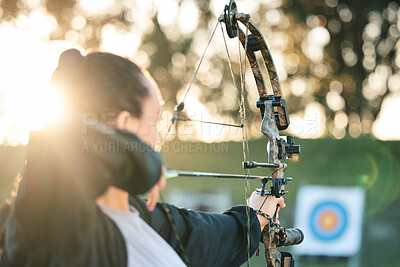 Buy stock photo Archer woman, target and bow and arrow practice for outdoor archery, athlete challenge or girl field competition. Shooting goals, talent and competitive focus on precision training, aim or objective