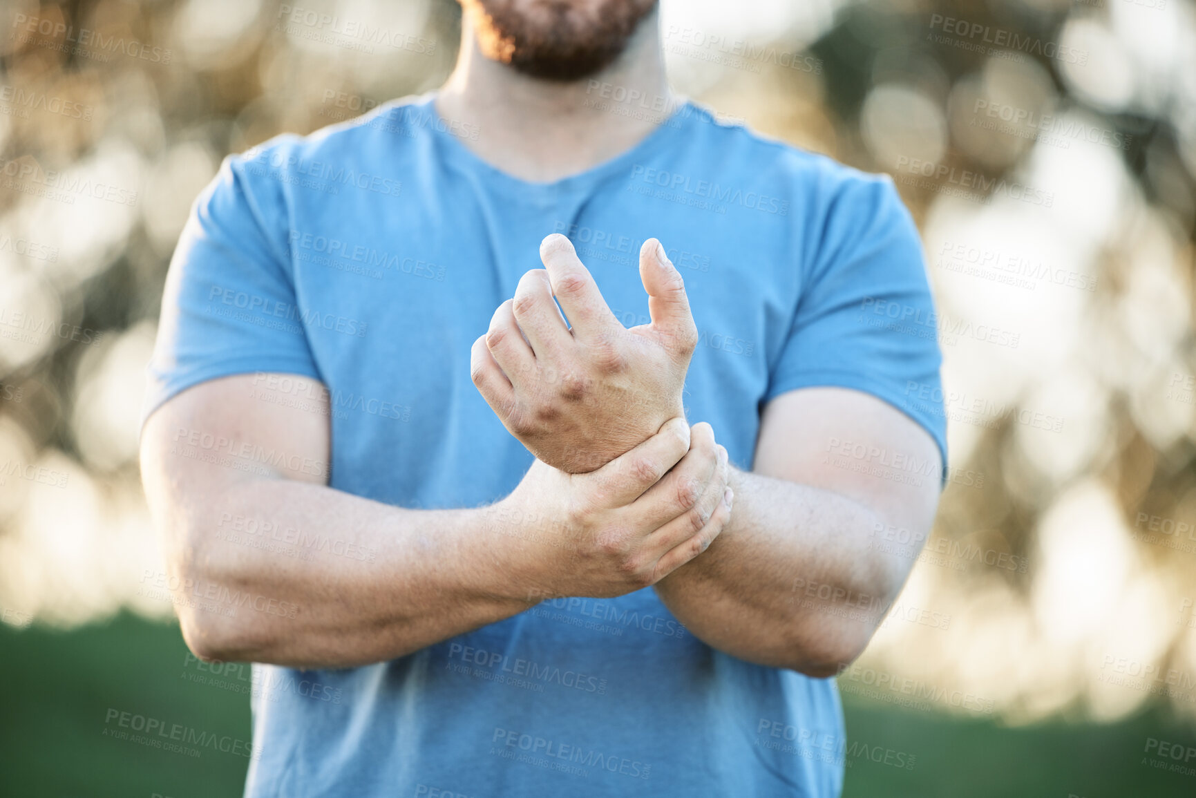 Buy stock photo Injury, sports and man with wrist pain from a workout, exercise accident and sprain from cardio. Fitness, emergency and athlete with carpal tunnel syndrome, inflammation and injured arm from training