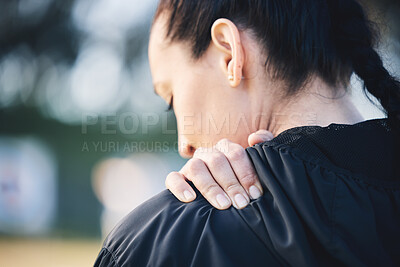 Buy stock photo Shoulder pain, back and woman with inflammation, injury and outdoor for training, fitness and accident. Exercise, female athlete and lady with muscle tension, bruise and broken bone with emergency