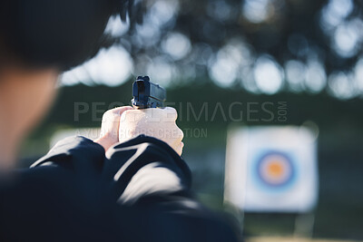 Buy stock photo Firearm, target and person training outdoor at shooting range for game exercise or sports challenge closeup. Man hands with gun, circle and aim for practice, police academy or field practice mission