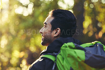 Buy stock photo Man, backpacker or hiking in forest woods, trekking in nature for travel in mockup adventure, relax workout or fitness exercise. Happy, smile or hiker in freedom environment for a person in wellness