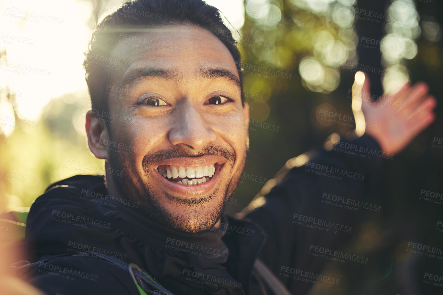 Buy stock photo Hiking man, portrait or selfie in forest, nature woods or trees environment for travel blog, social media or profile picture. Smile, happy or hiker face in photography for Japanese fitness influencer