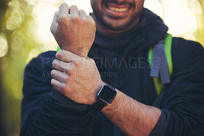Buy stock photo Man, hands or pain in hiking forest, nature woods or trees environment in muscle crisis, anatomy problem or healthcare stress. Zoom, medical or wrist injury emergency for athlete, hiker or backpacker