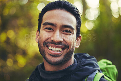 Buy stock photo Asian man, portrait or hiking in nature forest, trekking woods or trees environment for adventure, workout or fitness exercise. Smile, happy or training hiker face in travel freedom or fun adventure