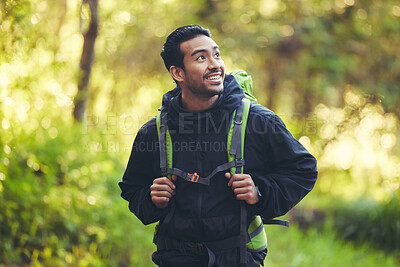 Buy stock photo Asian man, backpacker or hiking in nature forest, trekking woods or Japanese trees in adventure workout or fitness exercise. Smile, happy or environment hiker in travel freedom or healthcare mock up