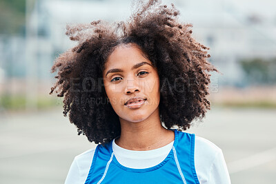 Buy stock photo Sports, portrait and netball player on the court for an outdoor game, competition or training. Fitness, health and female athlete from Puerto Rico standing on a field after practice or a match.
