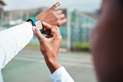 Buy stock photo Closeup, fitness and black woman with smartwatch with hands, check training progress and exercise. Zoom, African American female or athlete with tracker, workout or timing practice for goal or target