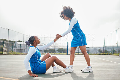 Buy stock photo Fitness, court and black women helping player, exercise and training with teamwork outdoor. African American female athlete, lady and assist outside, practice for competition and development for game