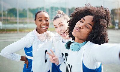 Buy stock photo Selfie, netball and sports women or group friends with social media update for training, exercise and girl team.  Diversity teenager or gen z profile picture, portrait and peace emoji sign in court
