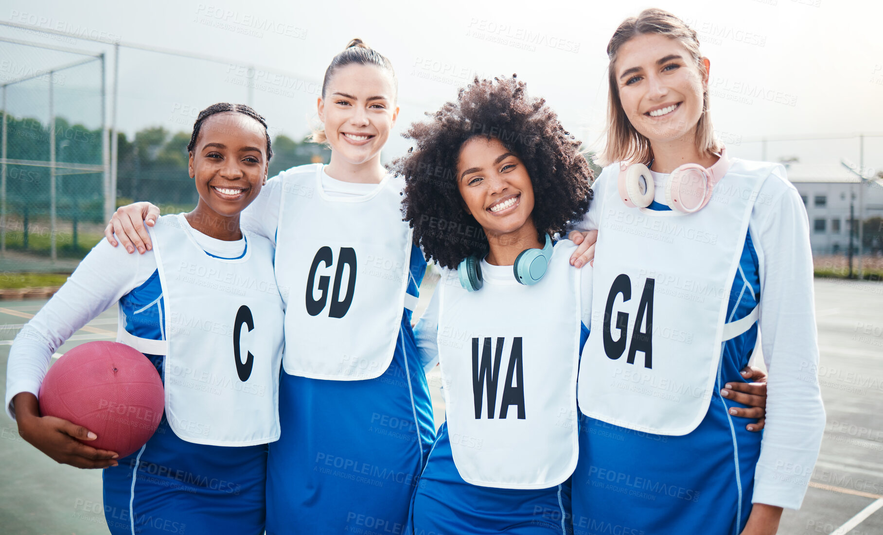 Buy stock photo Netball, group and friends in portrait, women on outdoor court and smile, sports team and diversity. Happy athlete workout together, training for game and gen z with fitness and trust with support