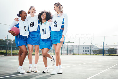 Buy stock photo Hug, women or team support in netball training game, exercise or sports workout on college court. Teamwork, fitness friends group or excited athlete girls with happy smile talking or bonding together