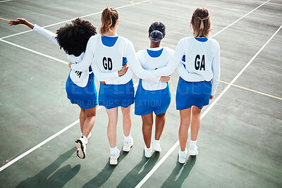 Buy stock photo Netball team, sports on outdoor court and diversity, athlete group and training for game, young girls back view. College sport, students and teamwork exercise, competition and fitness with friends