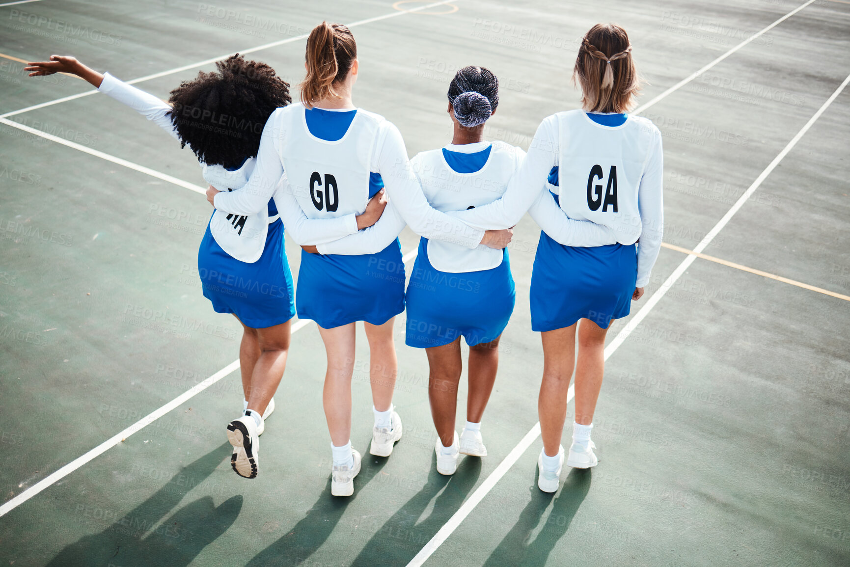 Buy stock photo Netball team, sports on outdoor court and diversity, athlete group and training for game, young girls back view. College sport, students and teamwork exercise, competition and fitness with friends