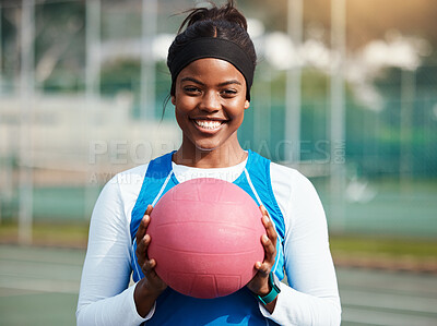 Buy stock photo Portrait, black girl with netball and sports with smile, fitness and training for game outdoor, happy teen and ready. Exercise, athlete and African female with ball, healthy and active lifestyle