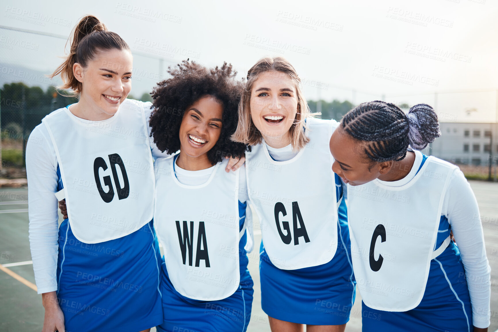 Buy stock photo Netball, team outdoor and friends in portrait, women on court and smile, sports group and diversity. Happy athlete workout together, training for game and gen z with fitness and trust with support