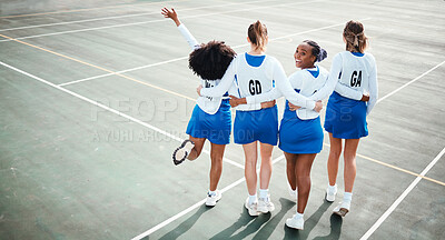 Buy stock photo Netball team, sport on outdoor court and diversity, athlete group and training for game, young girls together. College sports, students and teamwork exercise, competition and fitness with friends