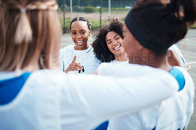 Buy stock photo Netball team, diversity and happiness with young women on outdoor court, college sports with students and fitness. People exercise, teamwork and support with solidarity, trust with friends group
