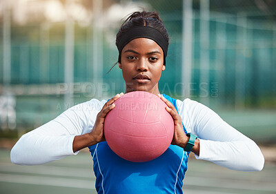 Buy stock photo Portrait, serious black girl with netball and sports, fitness and training for game outdoor, confident teen and ready. Exercise, athlete and African female with ball, healthy and active lifestyle