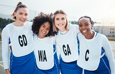 Buy stock photo Netball, team and friends in portrait, women on outdoor court and smile, sports group and diversity. Happy athlete workout together, training for game and gen z with fitness and trust with support