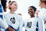 Netball, happy women or sports group with team building, funny conversation and support for training or practice. Athlete friends, people or gen z excited for outdoor game in diversity circle talking