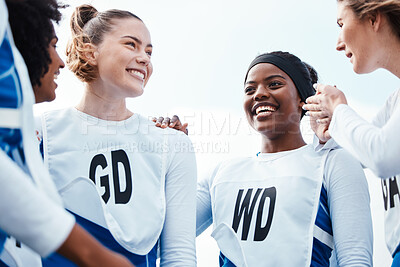 Buy stock photo Netball, happy women or sports group with team building, funny conversation and support for training or practice. Athlete friends, people or gen z excited for outdoor game in diversity circle talking
