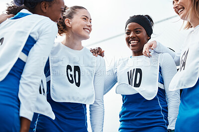 Buy stock photo Netball, sports women or happy group with team building, funny conversation and support for training or practice. Athlete friends, people or gen z excited for outdoor game in diversity circle talking