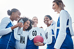Happy netball team or group of woman with funny sports conversation, meme and discussion of training or practice. Athlete friends, people or gen z laughing, talking and excited for game in diversity