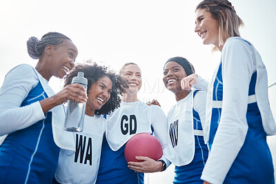 Buy stock photo Happy netball team or group of woman with funny sports conversation and discussion of training or practice. Athlete friends, people or gen z laughing, talking and excited for game in diversity