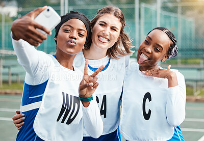 Buy stock photo Selfie, netball team and sports women or group friends with social media post for training, exercise and happy athlete. Diversity teenager or gen z in profile picture with peace emoji hand outdoor
