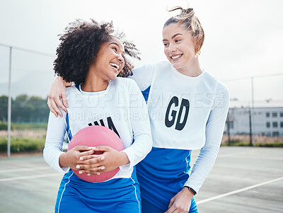 Buy stock photo Fitness, netball and women on court, conversation and excited for match, teamwork and training. Friends, athletes and players with ball, planning for game and discussion for workout and practice