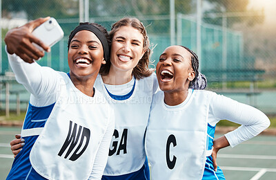 Buy stock photo Netball team, sports selfie and women laughing or group friends in funny social media post, training update and meme. Diversity teenager or gen z in profile picture and excited for competition break