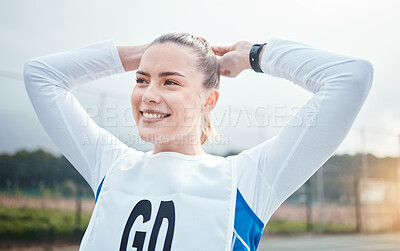 Buy stock photo Tired, sports or woman in netball training game, exercise or workout for a match with happy smile on court. Thinking, fitness or healthy with fatigue girl athlete girls relaxing or resting on break 