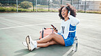 Sports music, phone and netball woman listening to mp3 radio, audio podcast or playlist song after training practice. Relax wellness, digital headphones and African athlete streaming sound on court